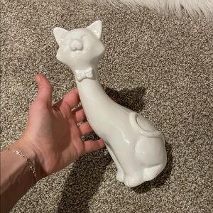 All White Ceramic Long Neck Cat 6.5” Tall Figurine Statue Smiling Bowtie Kitty